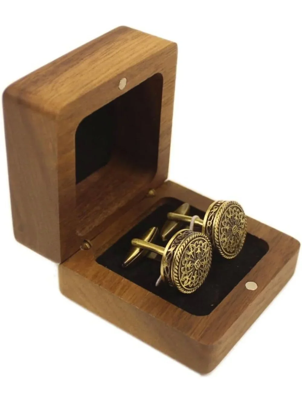 Vintage Round Brass Cufflinks for Men, Tuxedo Accessories with Walnut Gift Box